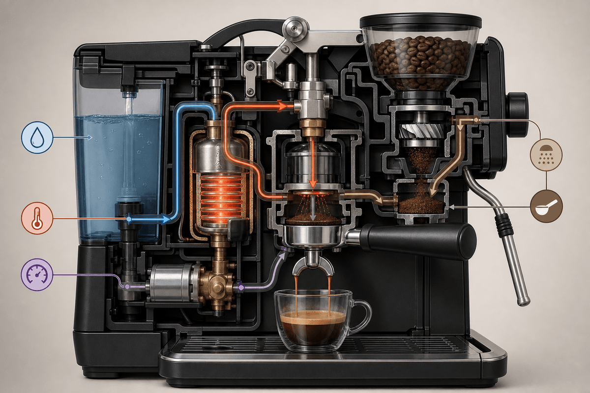 Chemin de l’espresso dans la machine et lien avec le choix du grain.