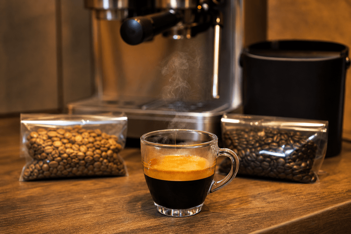 Comparaison visuelle de grains torréfiés et résultat en tasse.