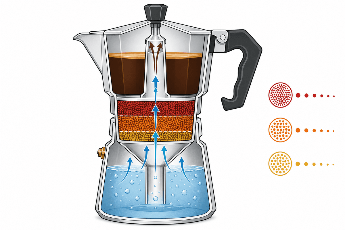 Schéma de circulation de l’eau dans la moka et impact de la mouture