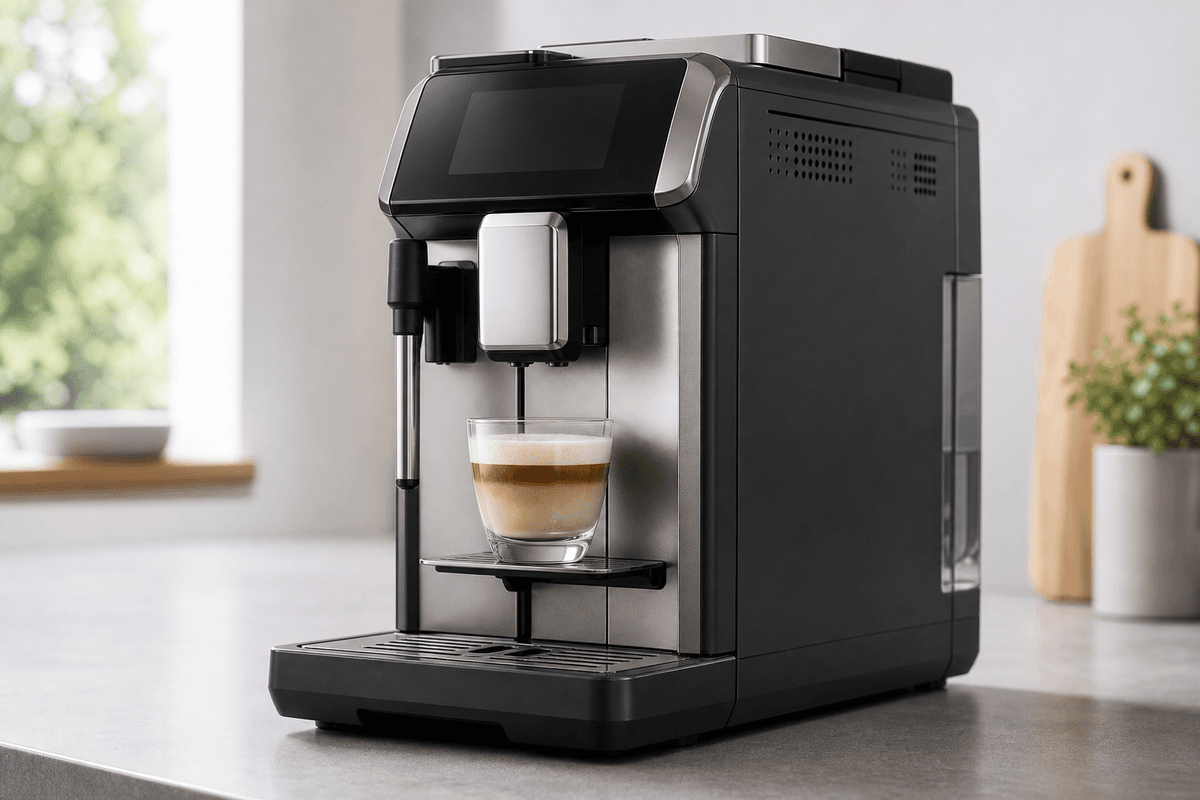 Front/side view of a bean-to-cup espresso machine for a buying guide