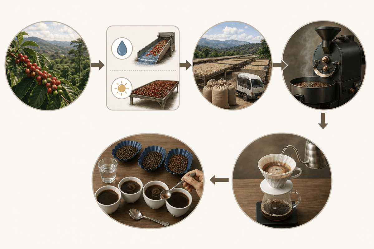 Simple end-to-end process diagram of specialty coffee.