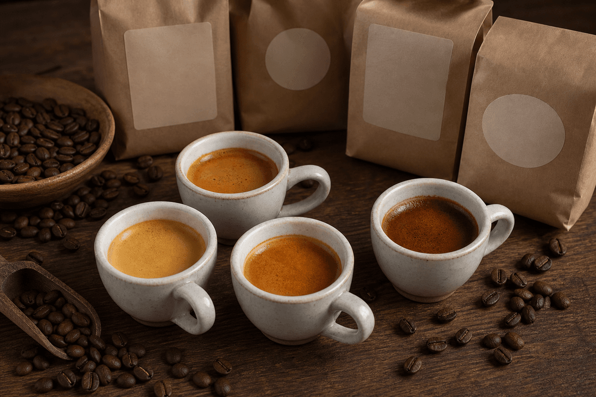 Comparaison visuelle de styles de café (tasses et crema) associée à une lecture des gammes.