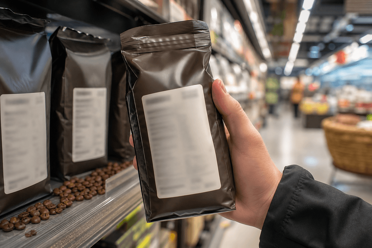Main qui examine l’étiquette d’un paquet de café en grain en rayon, illustrant la lecture avant la marque.