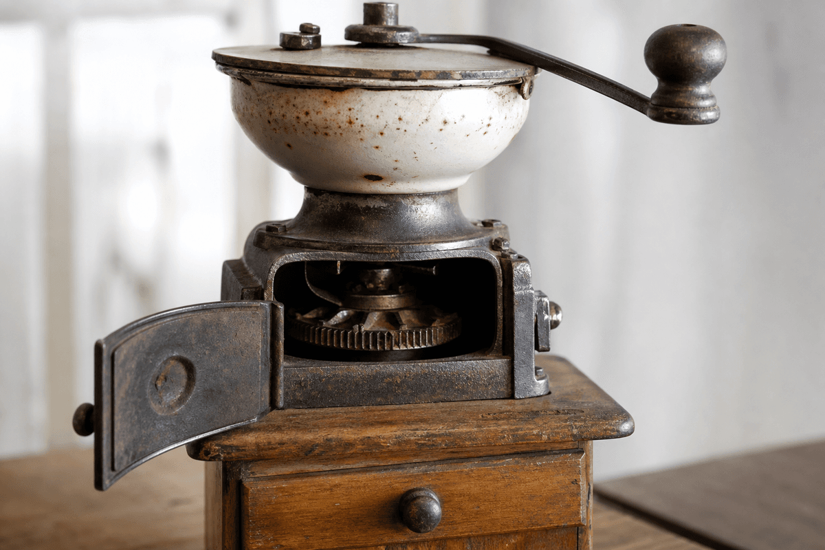 Close-up showing the wear, materials, and grinding mechanism—evidence of real functionality.