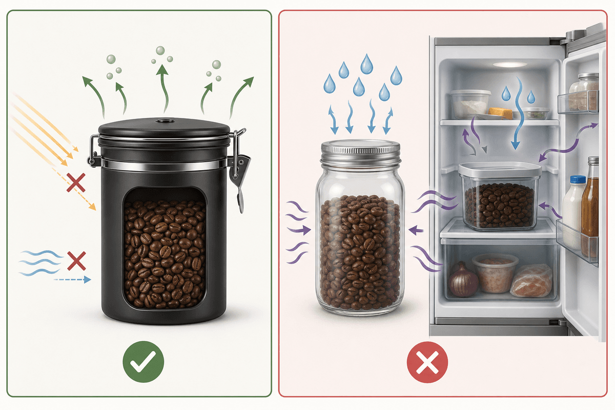 Comparaison visuelle : stockage hermétique/opaque vs pertes liées à lumière/air et humidité (dont frigo).