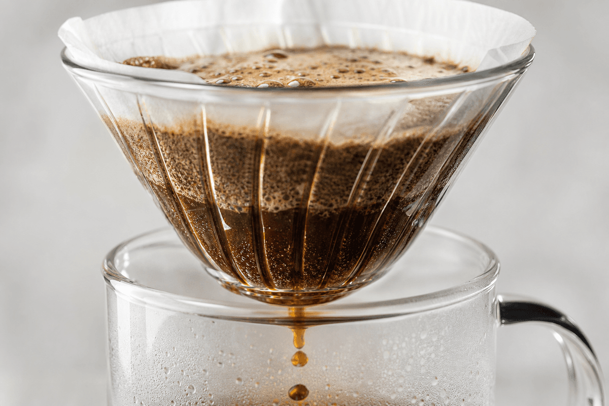 Phase de bloom : hydratation du café et dégagement de CO₂.