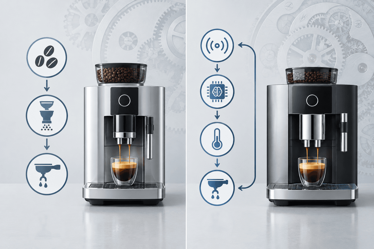 Schéma conceptuel des différences de contrôle et de préparation du café.