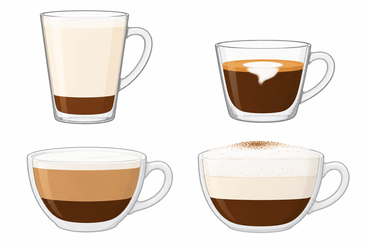 Proportions d'espresso, de lait et de mousse dans chaque boisson.