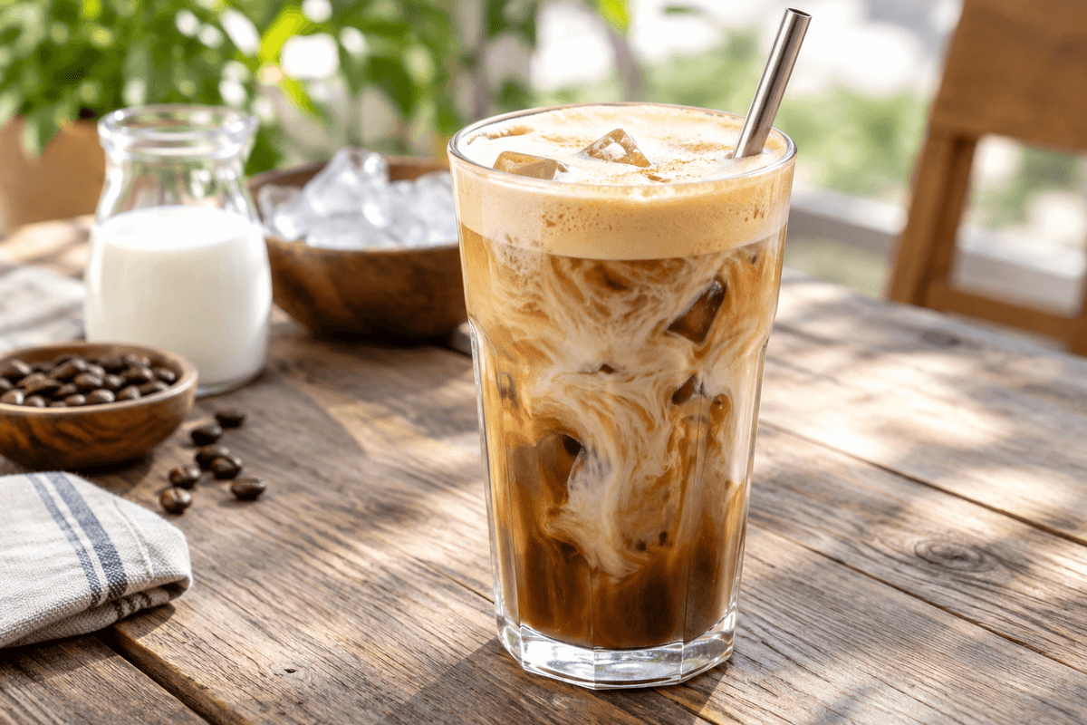Un café glacé maison servi sur glaçons avec du lait frais.