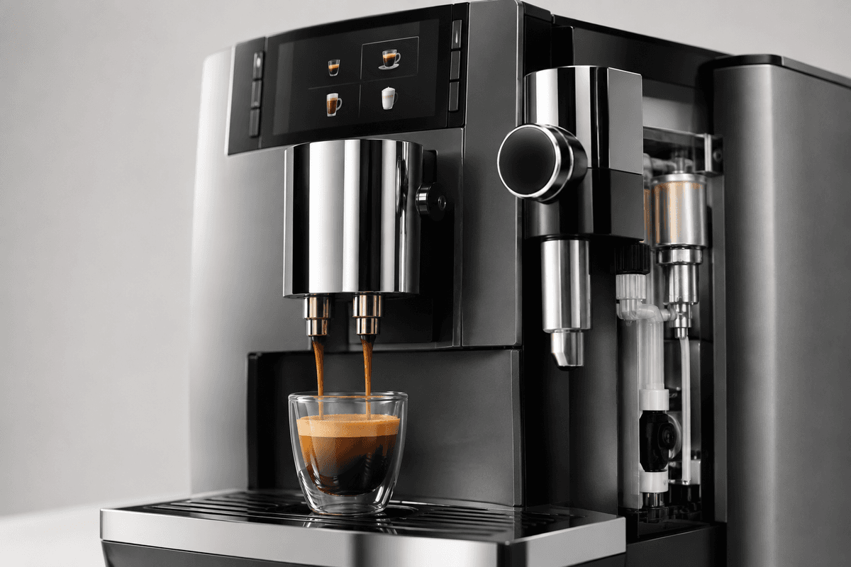 Machine à café automatique Jura mise en scène, accent sur la qualité de fabrication et les détails mécaniques.
