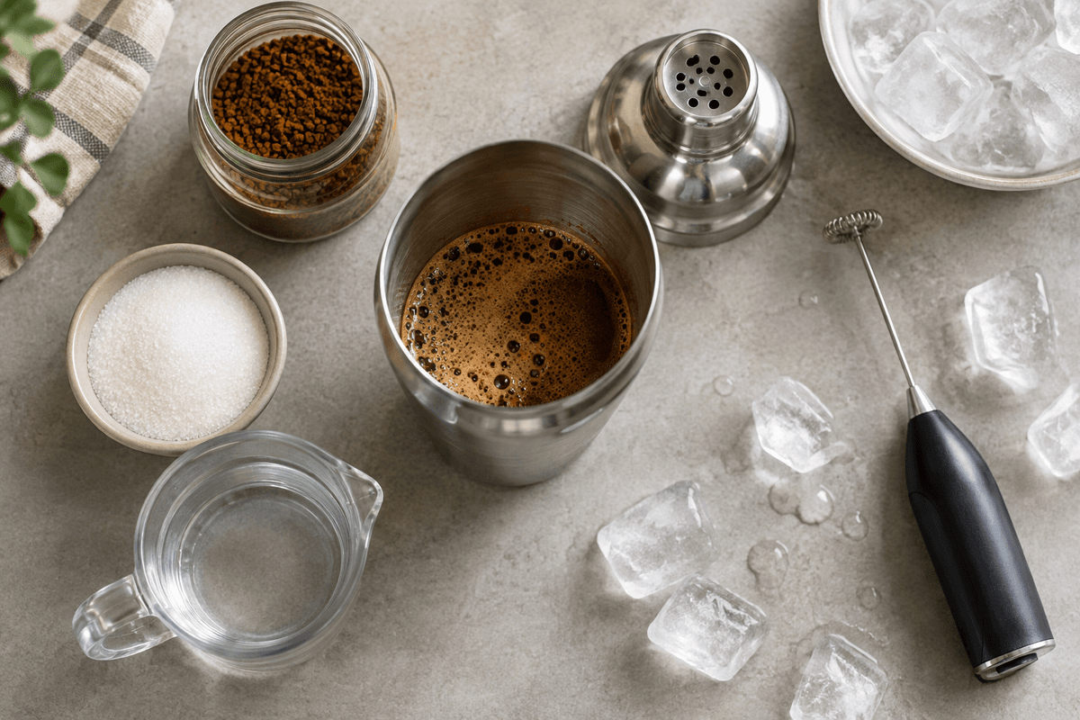 Les ingrédients de base pour préparer un café frappé à la maison.